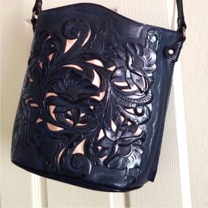 Patricia Nash Blue Tooled Leather Floral Crossbody with Cream Underlay